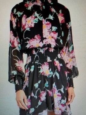 A.L.C. Silk Floral Long-Sleeve Black Mini Dress